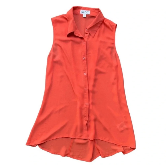 Nado Women's Blouse Sheer Button Down Front Collared Flowy Sleeveless Orange S - Picture 3 of 13